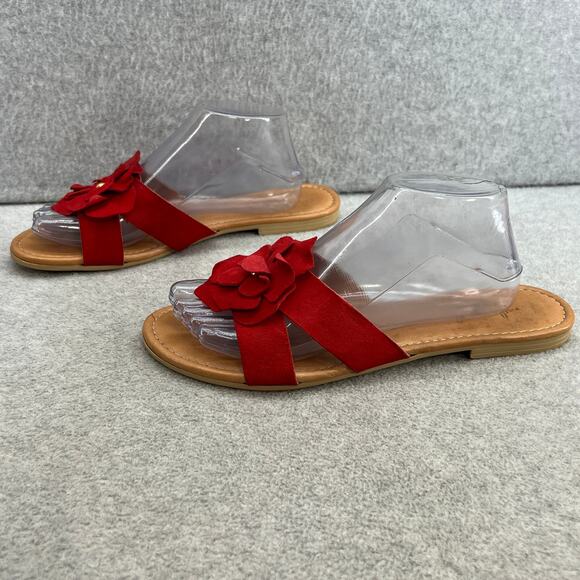 Mila Paoli Floral Suede Leather Slip On Flat Slide Sandal-Red Flower-Women 9.5 - Picture 7 of 13